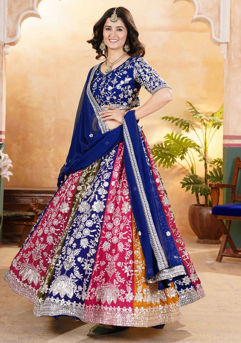 Multicolor Embroidered Georgette Lehenga Set With Dupatta for Diwali and Festive Wear - Indya