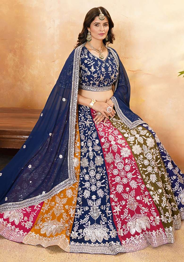 Multicolor Embroidered Georgette Lehenga Set With Dupatta for Diwali and Festive Wear - Indya