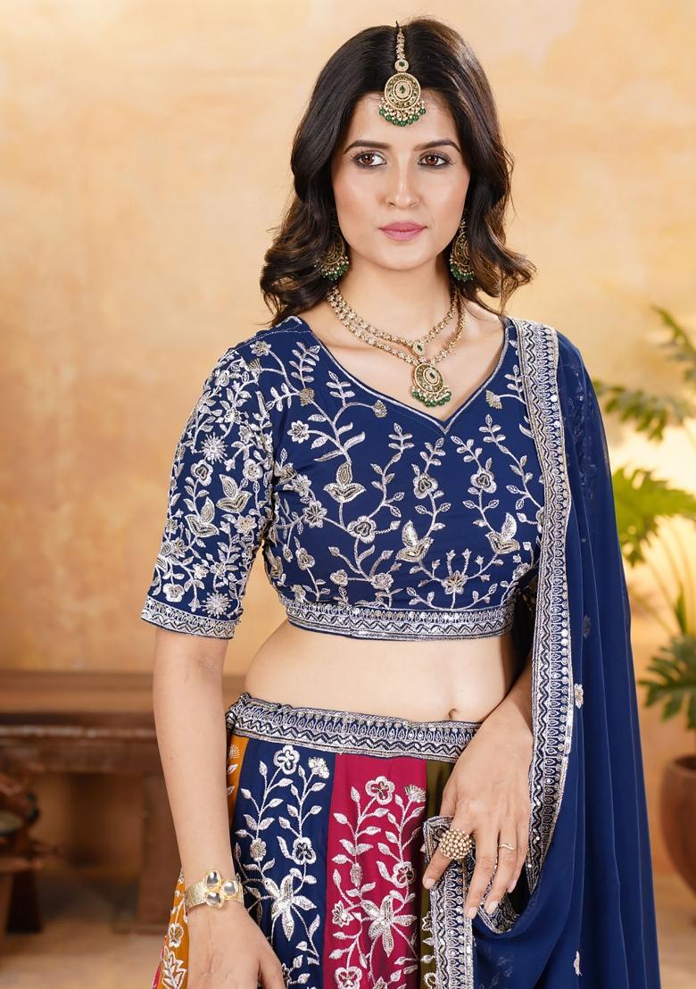 Multicolor Embroidered Georgette Lehenga Set With Dupatta