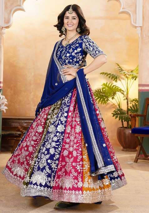 Multicolor Embroidered Georgette Lehenga Set With Dupatta for Diwali and Festive Wear