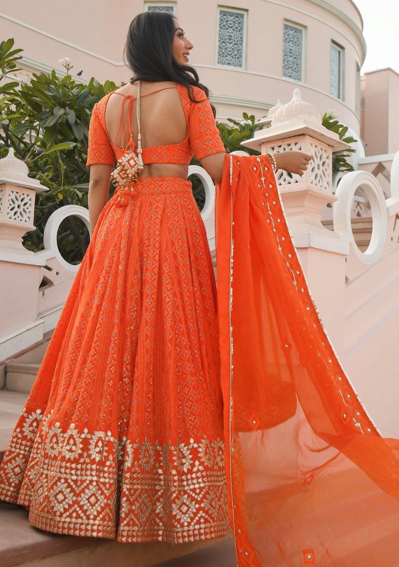 Orange Embroidered Georgette Lehenga Set With Dupatta
