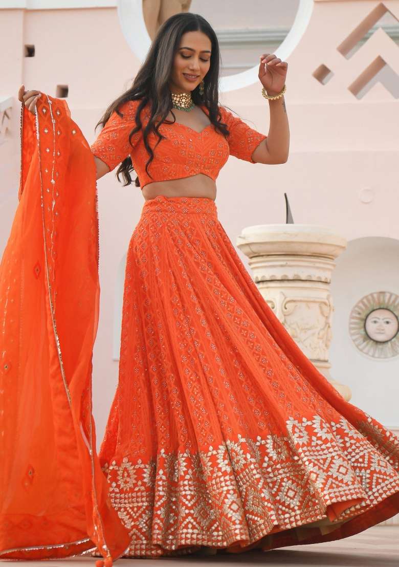Orange With Dupatta Georgette Lehenga Set with Embroidered for Diwali | Wedding & Festive Wear - Indya