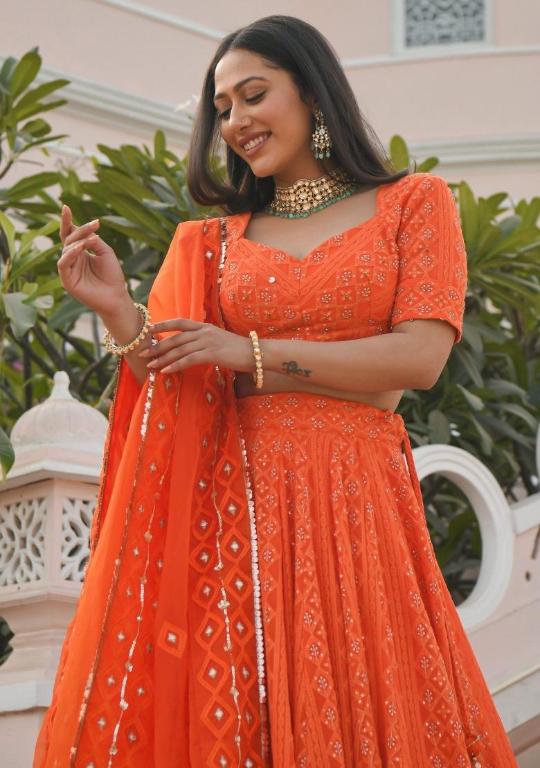 Orange Embroidered Georgette Lehenga Set With Dupatta