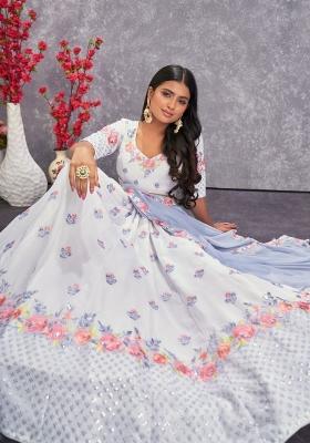 White Embroidered Georgette Lehenga Set With Dupatta
