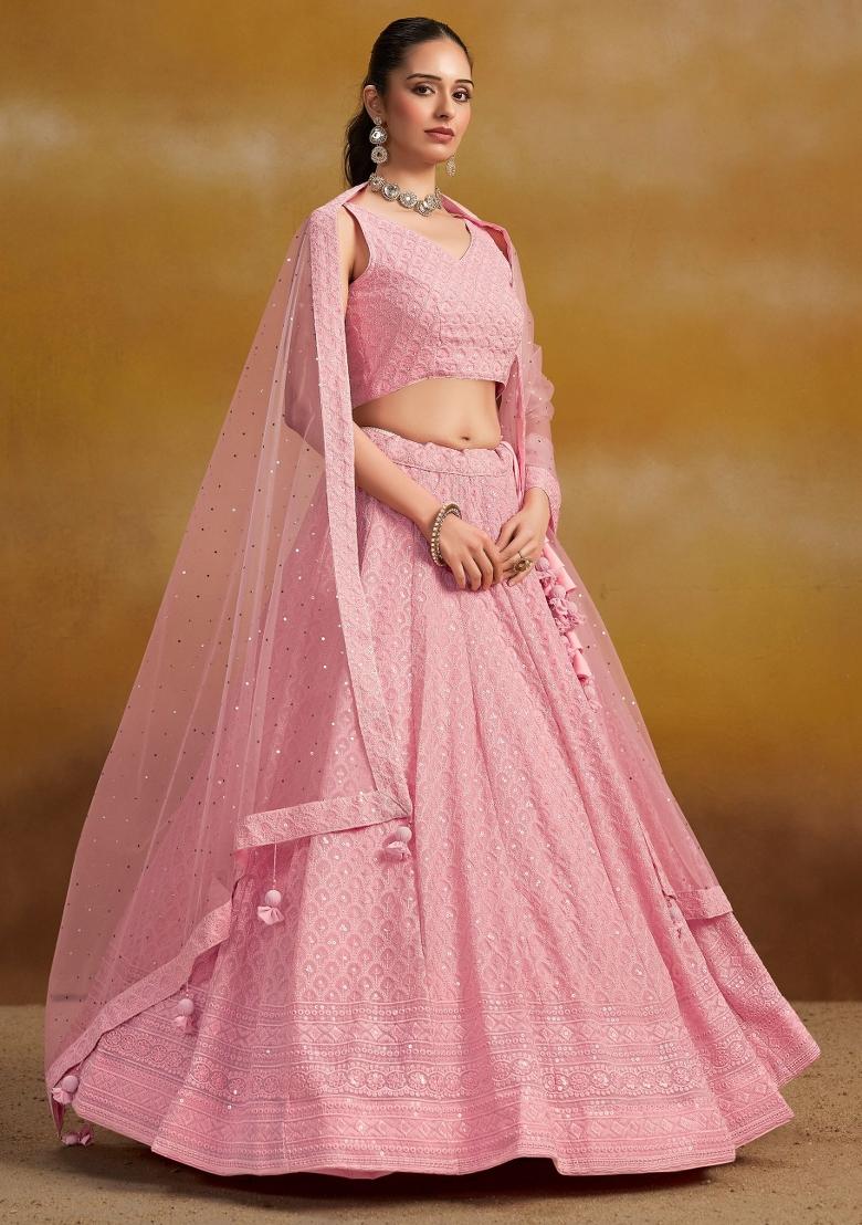 Pink Embroidered Georgette Lehenga Set With Dupatta