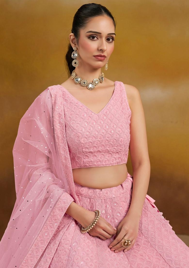 Pink Embroidered Georgette Lehenga Set With Dupatta