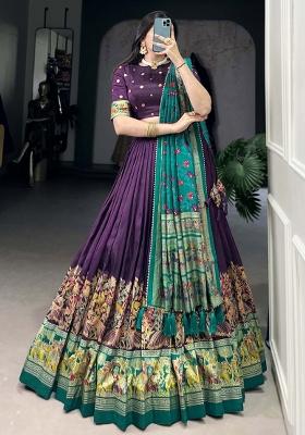 Purple Printed Silk Lehenga Set With Dupatta