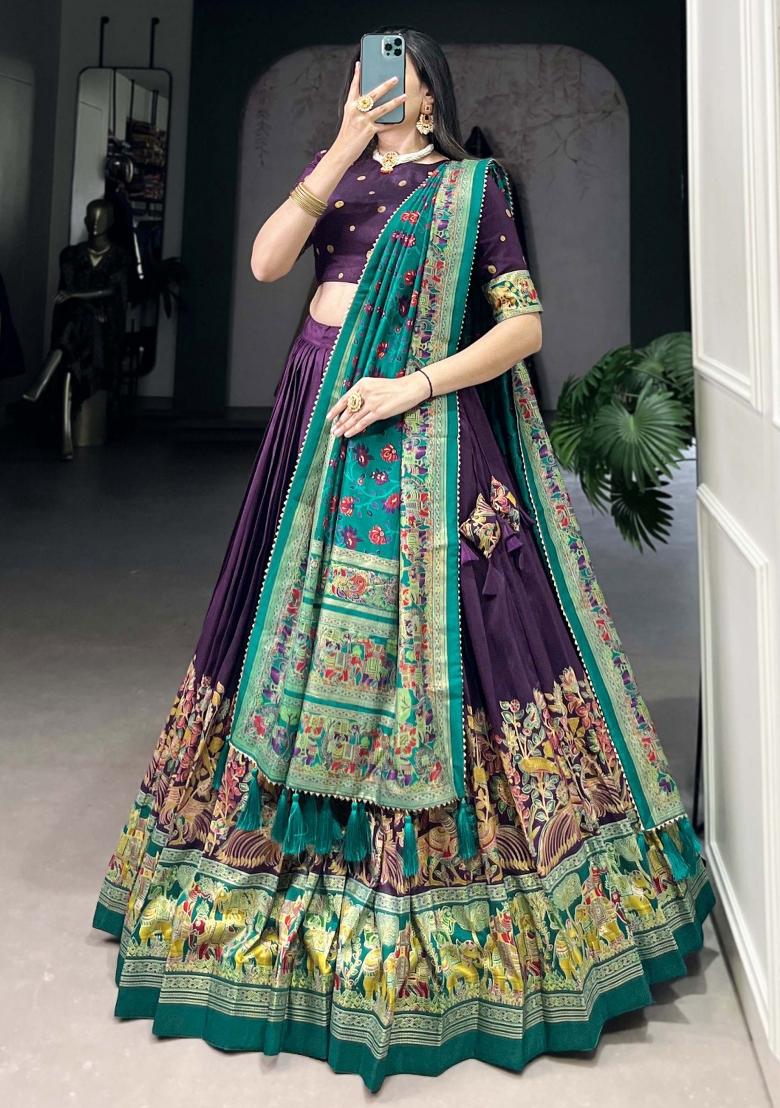 Purple Printed Silk Lehenga Set With Dupatta