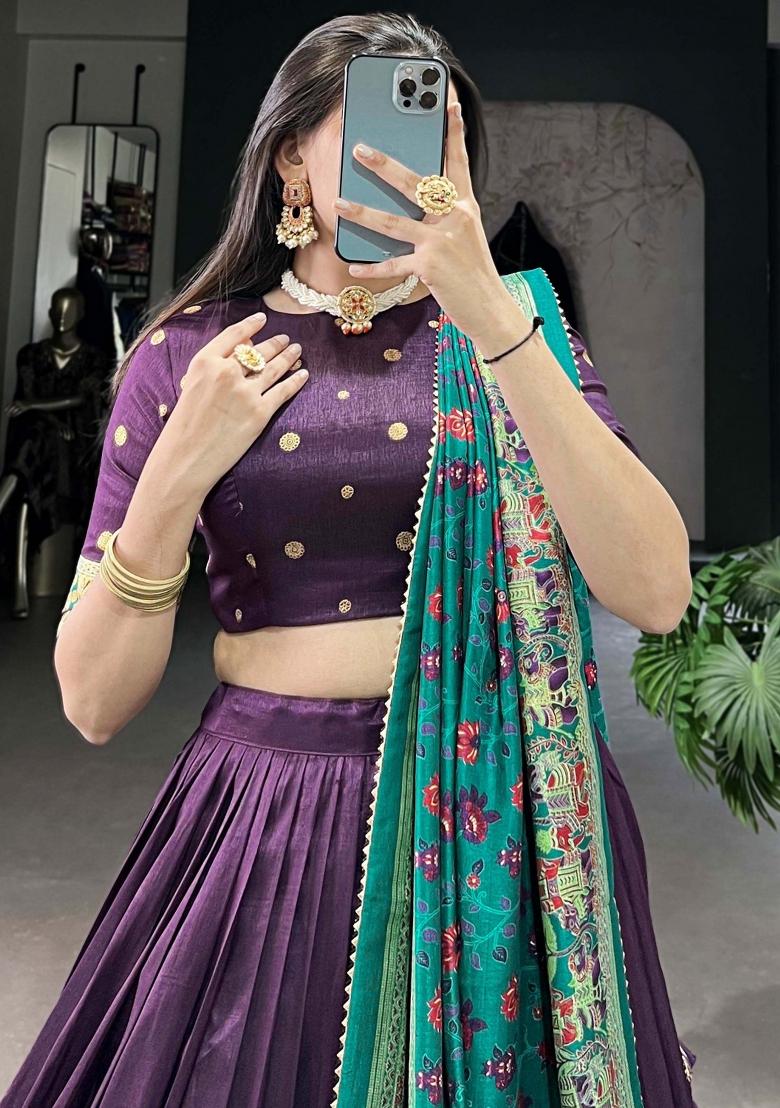 Purple Printed Silk Lehenga Set With Dupatta