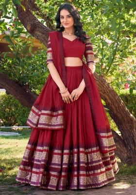 Red Embroidered Chanderi Lehenga Set With Dupatta