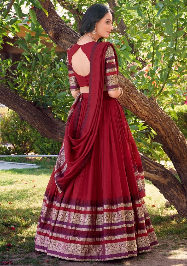 Red Embroidered Chanderi Lehenga Set With Dupatta