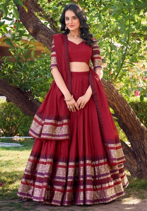 Red Embroidered Chanderi Lehenga Set With Dupatta — view on Indya