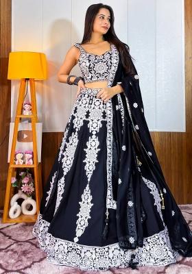 Black Embroidered Georgette Lehenga Set With Dupatta