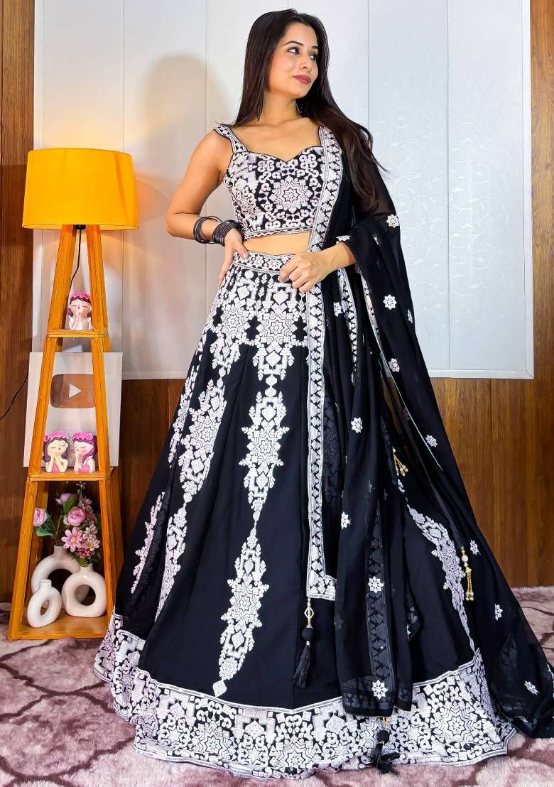 Black Embroidered Georgette Lehenga Set With Dupatta for Diwali and Festive Wear - Indya
