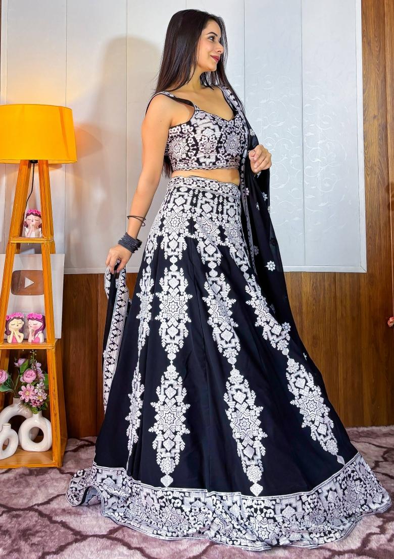 Black Embroidered Georgette Lehenga Set With Dupatta