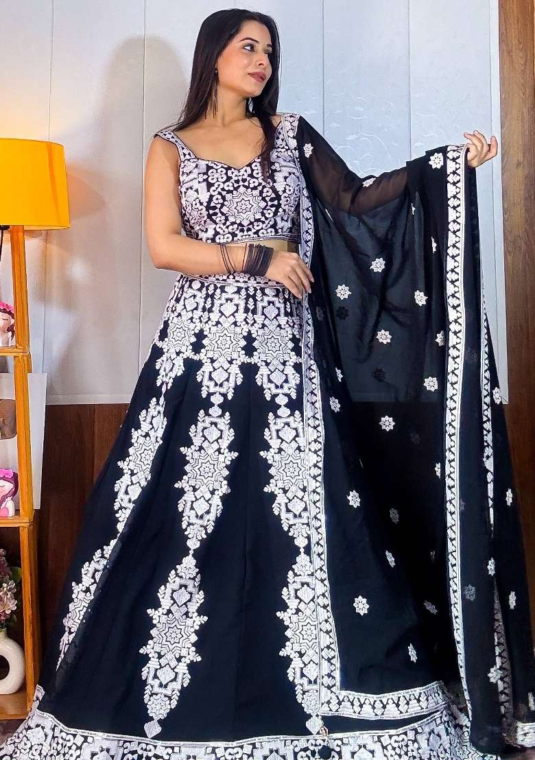 Black Embroidered Georgette Lehenga Set With Dupatta for Diwali and Festive Wear - Indya