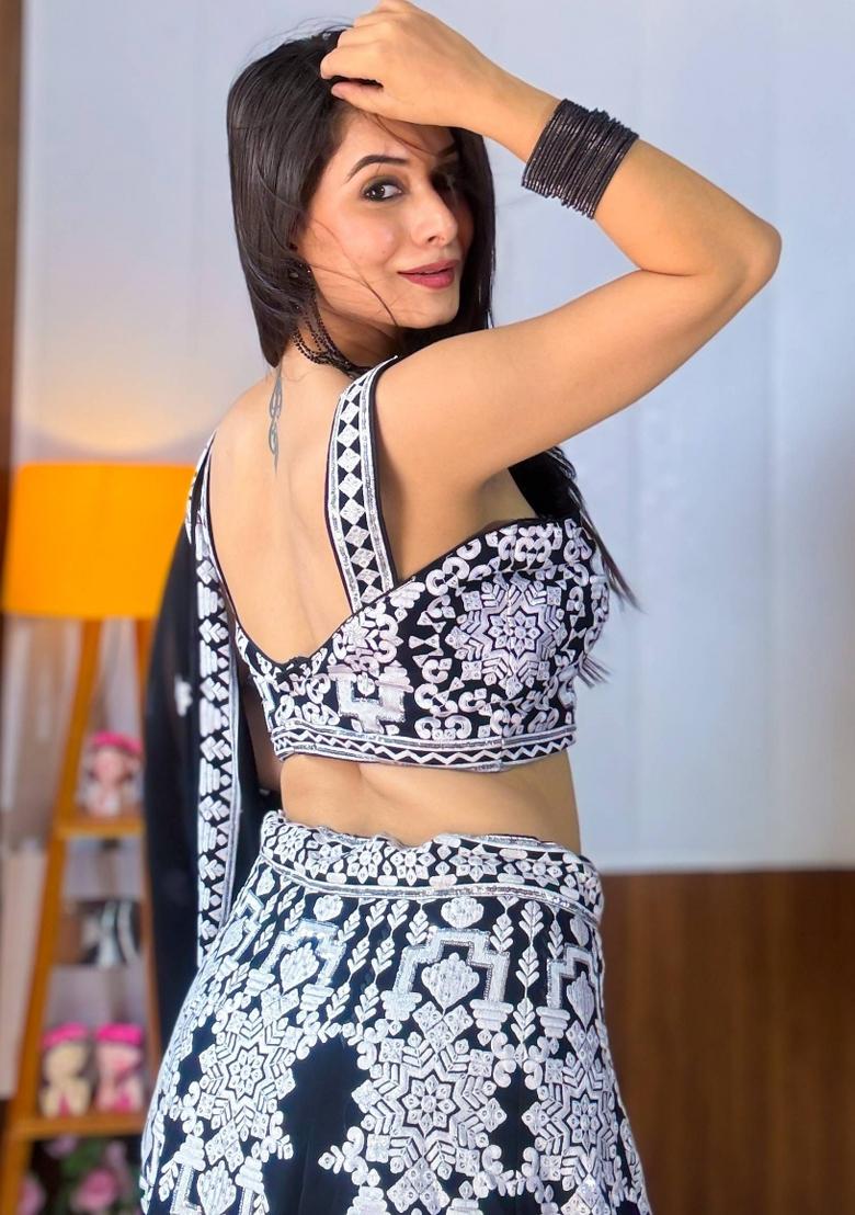 Black Embroidered Georgette Lehenga Set With Dupatta