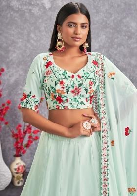 Green Embroidered Georgette Lehenga Set With Dupatta