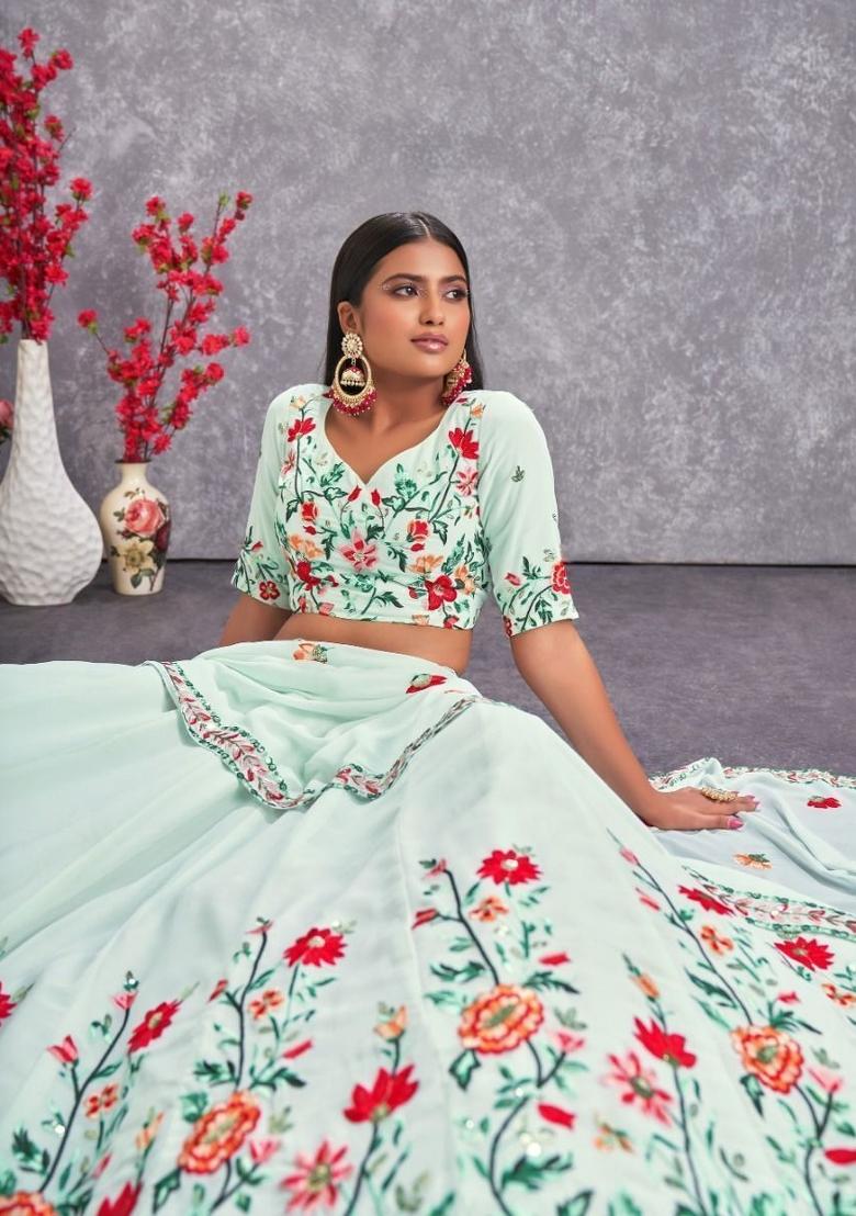 Green Embroidered Georgette Lehenga Set With Dupatta