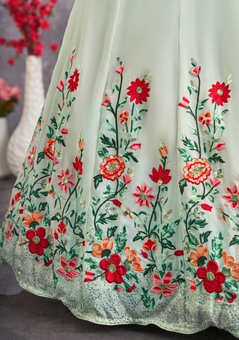 Green Embroidered Georgette Lehenga Set With Dupatta