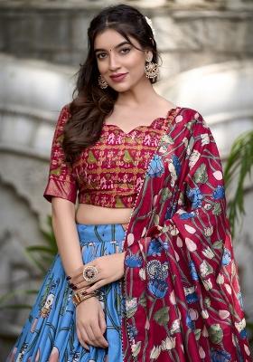 Blue Printed Silk Lehenga Set With Dupatta