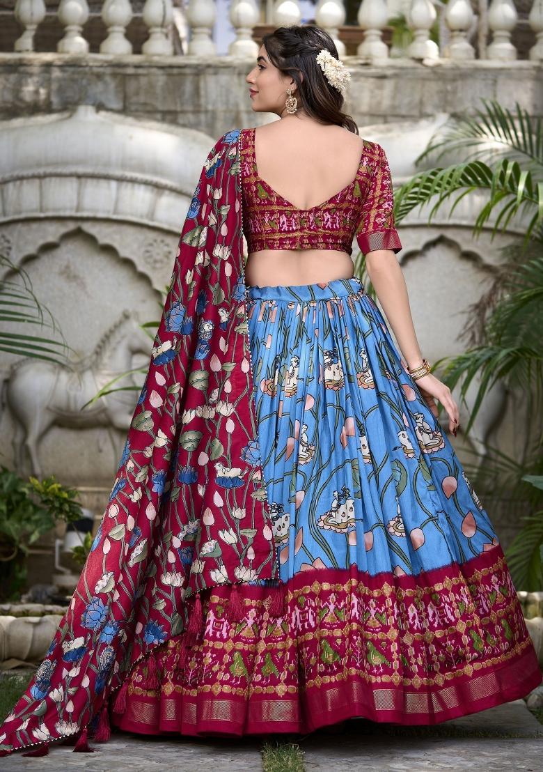 Blue Printed Silk Lehenga Set With Dupatta