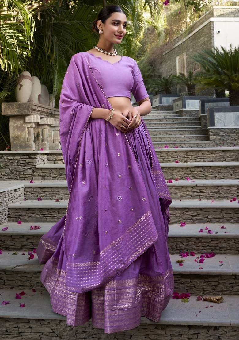 Purple Embroidered Chanderi Lehenga Set With Dupatta for Diwali and Festive Wear - Indya