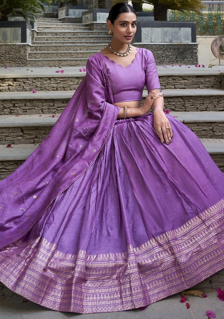 Purple Embroidered Chanderi Lehenga Set With Dupatta
