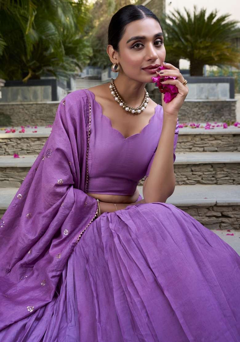 Purple Embroidered Chanderi Lehenga Set With Dupatta for Diwali and Festive Wear - Indya
