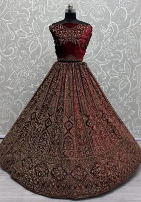 Maroon Embroidered Velvet Lehenga Set With Dupatta