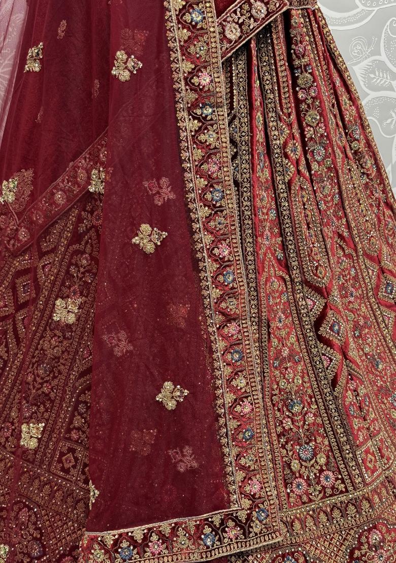 Maroon Embroidered Velvet Lehenga Set With Dupatta
