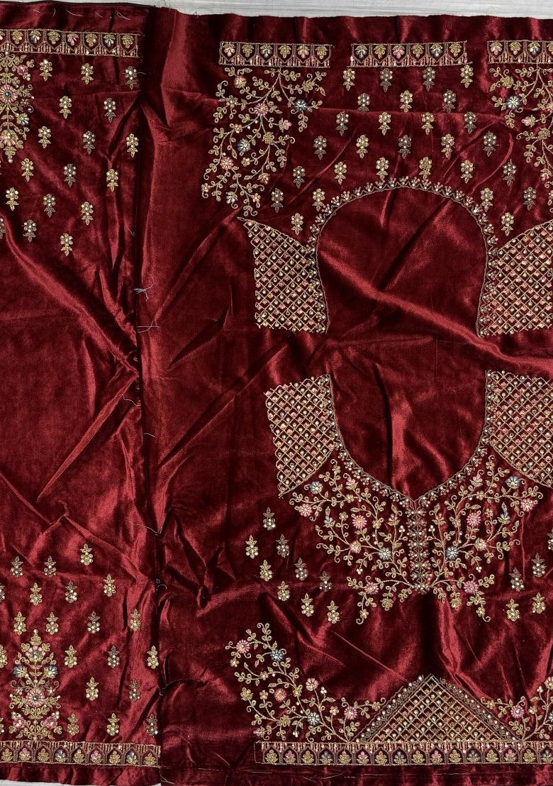 Maroon Embroidered Velvet Lehenga Set With Dupatta