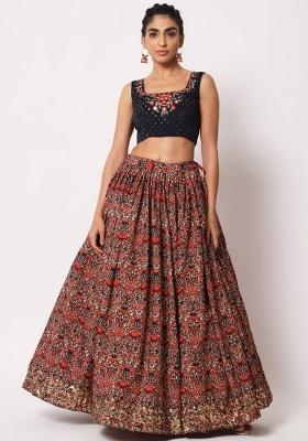 Navy Blue Embroidered Silk Lehenga Set With Dupatta