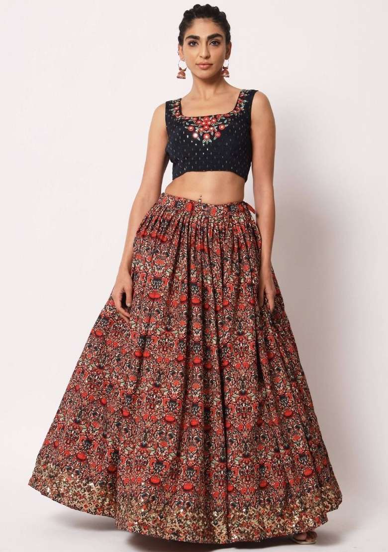 Navy Blue With Dupatta Silk Blend Lehenga Set with Embroidered for Diwali | Wedding & Festive Wear - Indya