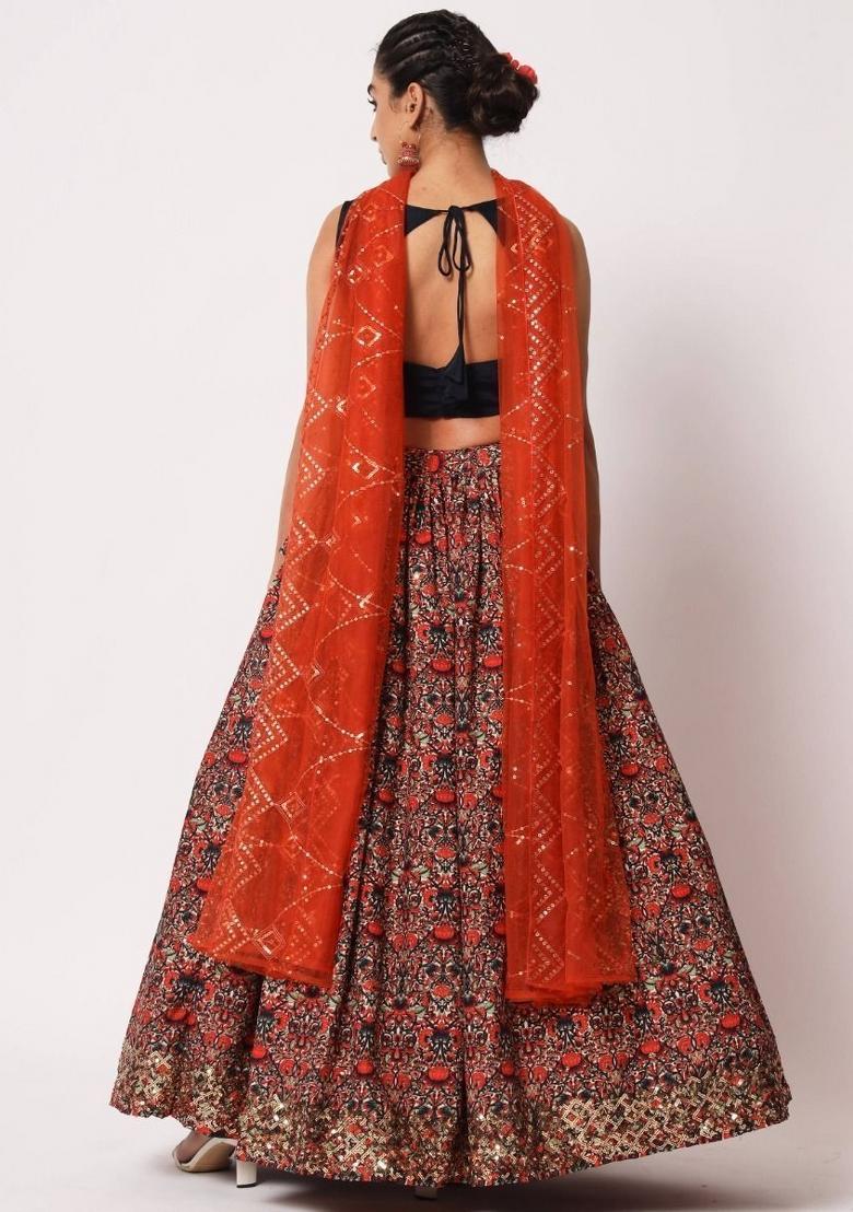 Navy Blue Embroidered Silk Lehenga Set With Dupatta