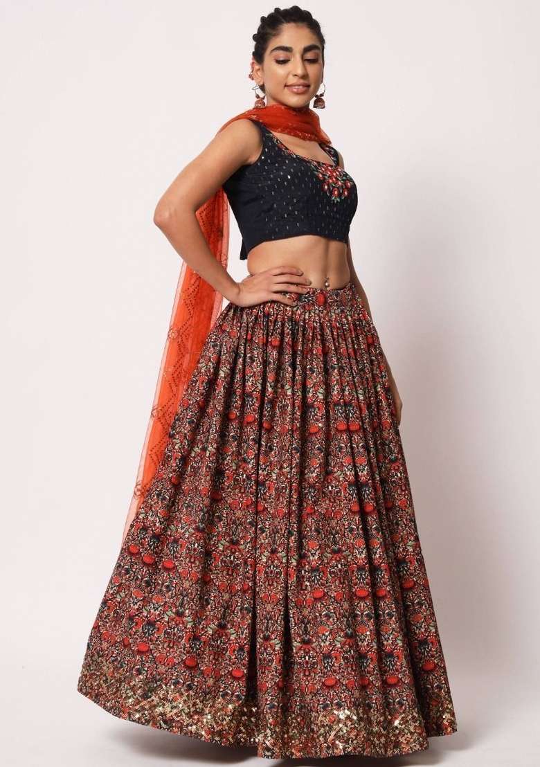 Navy Blue With Dupatta Silk Blend Lehenga Set with Embroidered for Diwali | Wedding & Festive Wear - Indya