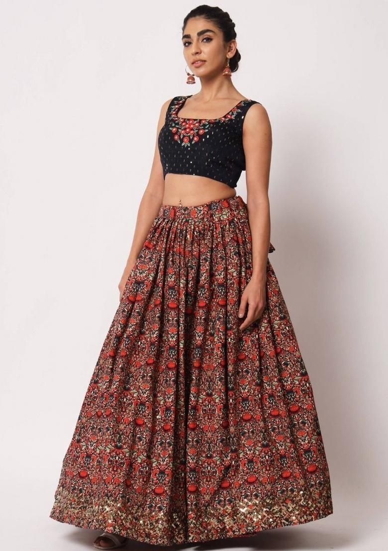 Navy Blue Embroidered Silk Lehenga Set With Dupatta