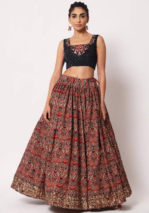 Navy Blue Embroidered Silk Lehenga Set With Dupatta