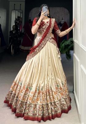 Off White Printed Silk Lehenga Set With Dupatta