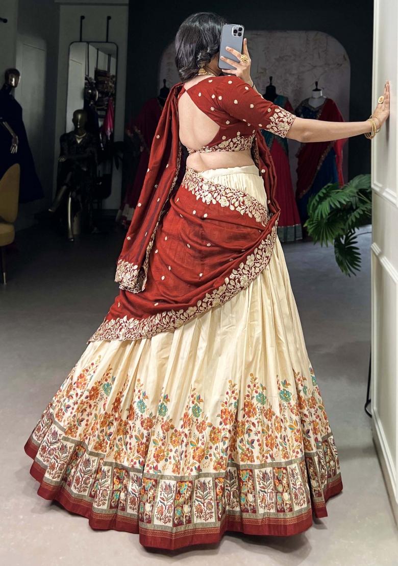 Off White Printed Silk Lehenga Set With Dupatta