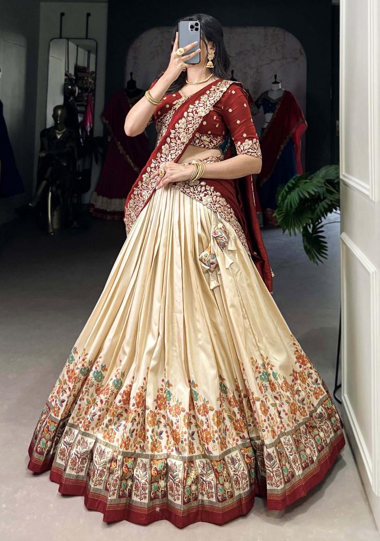Off White Printed Silk Lehenga Set With Dupatta