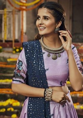 Purple Printed Silk Lehenga Set With Dupatta