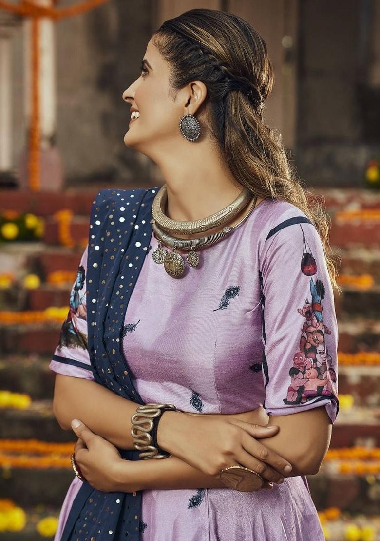 Purple Printed Silk Lehenga Set With Dupatta