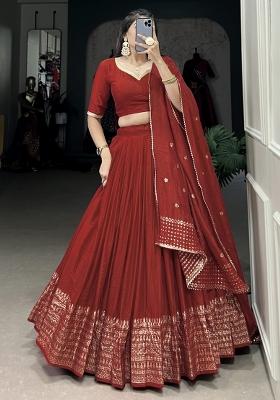 Red Embroidered Chanderi Lehenga Set With Dupatta