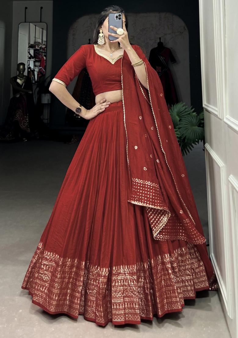 Red Embroidered Chanderi Lehenga Set With Dupatta