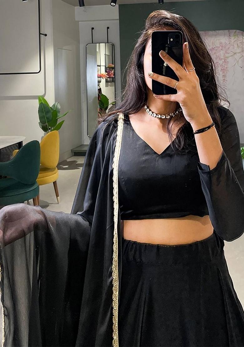 Black Embroidered Silk Lehenga Set With Dupatta