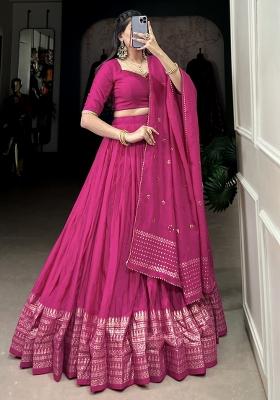Pink Embroidered Chanderi Lehenga Set With Dupatta
