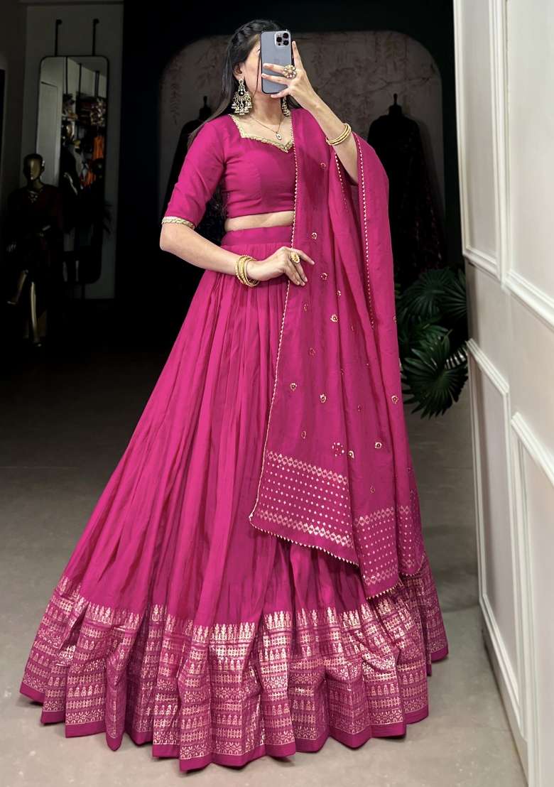 Pink Chanderi With Dupatta Lehenga Set with Embroidered for Diwali | Wedding & Festive Wear - Indya