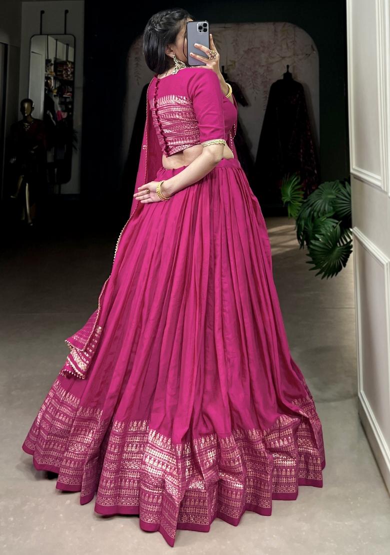 Pink Embroidered Chanderi Lehenga Set With Dupatta