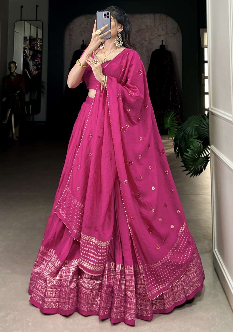 Pink Chanderi With Dupatta Lehenga Set with Embroidered for Diwali | Wedding & Festive Wear - Indya